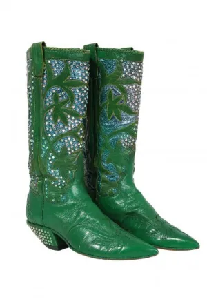 1970's Nudie's Rodeo Tailor Rhinestone Green Leather Cowboy Boots