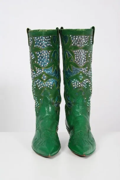 1970's Nudie's Rodeo Tailor Rhinestone Green Leather Cowboy Boots