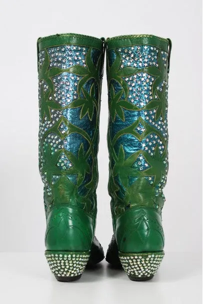 1970's Nudie's Rodeo Tailor Rhinestone Green Leather Cowboy Boots