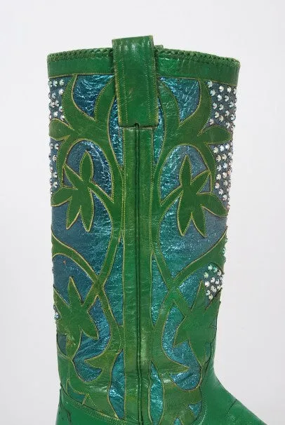 1970's Nudie's Rodeo Tailor Rhinestone Green Leather Cowboy Boots