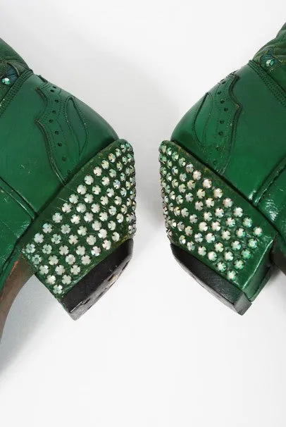 1970's Nudie's Rodeo Tailor Rhinestone Green Leather Cowboy Boots