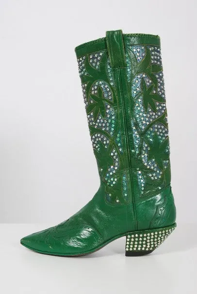 1970's Nudie's Rodeo Tailor Rhinestone Green Leather Cowboy Boots