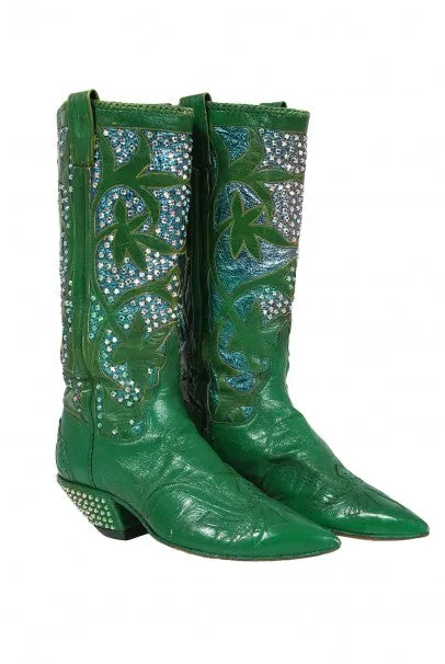 1970's Nudie's Rodeo Tailor Rhinestone Green Leather Cowboy Boots
