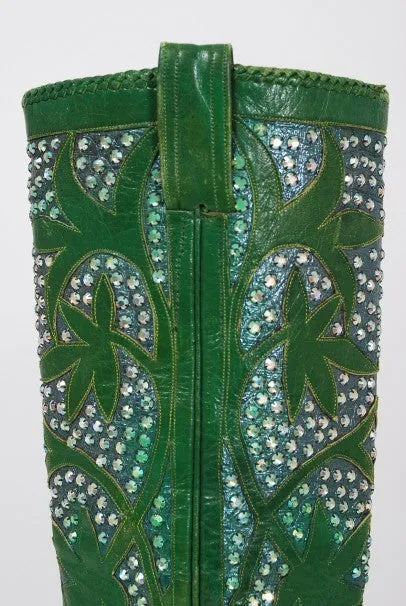 1970's Nudie's Rodeo Tailor Rhinestone Green Leather Cowboy Boots