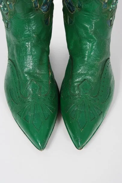 1970's Nudie's Rodeo Tailor Rhinestone Green Leather Cowboy Boots