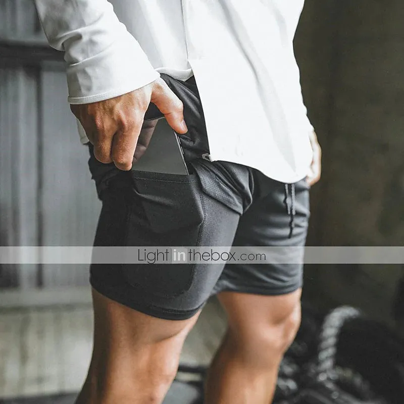 2-in-1 Men's Running Shorts with Color Block Pattern and Storage Pockets
