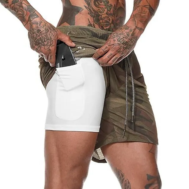 2-in-1 Men's Running Shorts with Color Block Pattern and Storage Pockets