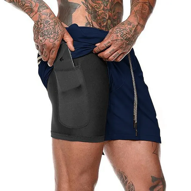 2-in-1 Men's Running Shorts with Color Block Pattern and Storage Pockets