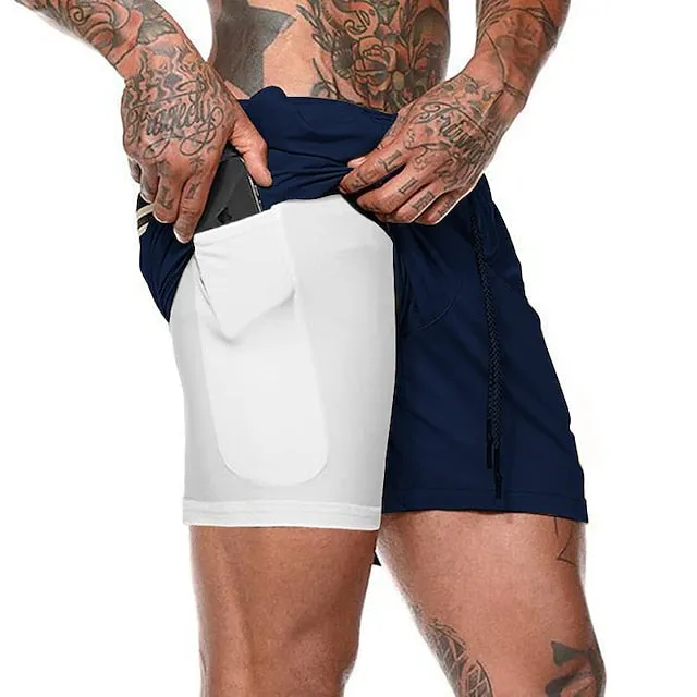 2-in-1 Men's Running Shorts with Color Block Pattern and Storage Pockets