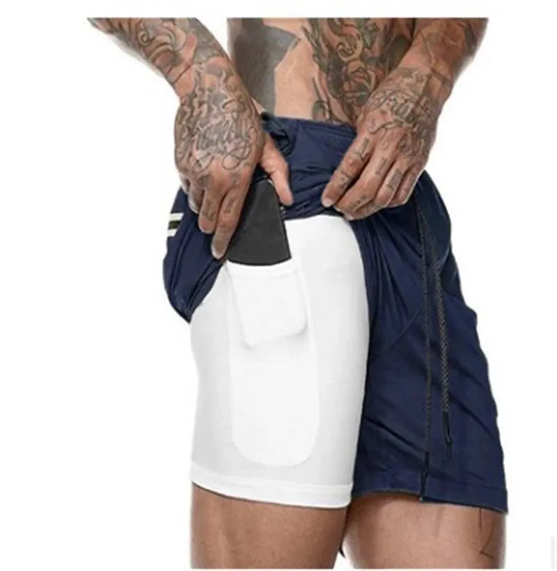 2-in-1 Men's Running Shorts with Color Block Pattern and Storage Pockets