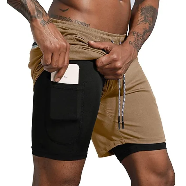 2-in-1 Men's Running Shorts with Color Block Pattern and Storage Pockets