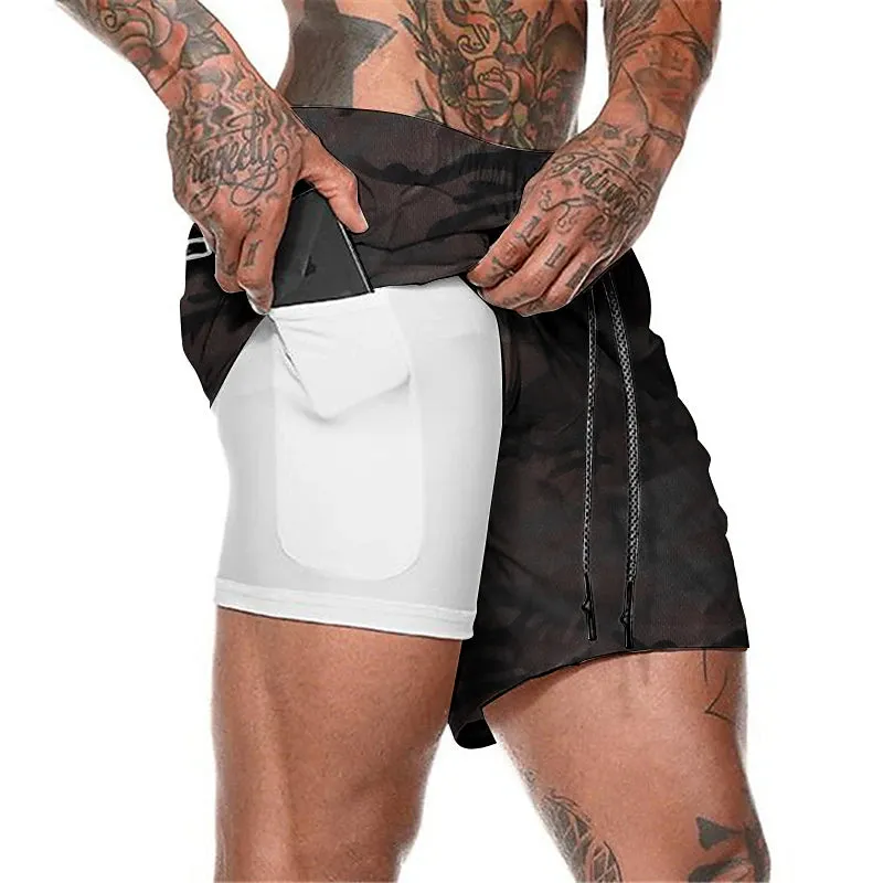 2-in-1 Men's Running Shorts with Color Block Pattern and Storage Pockets