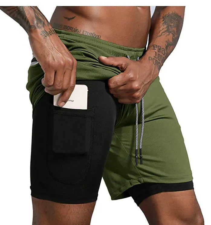 2-in-1 Men's Running Shorts with Color Block Pattern and Storage Pockets