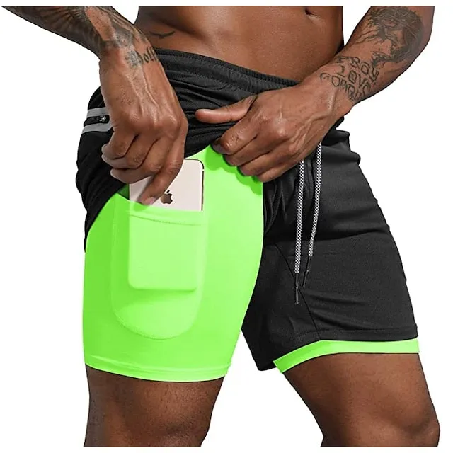 2-in-1 Men's Running Shorts with Color Block Pattern and Storage Pockets