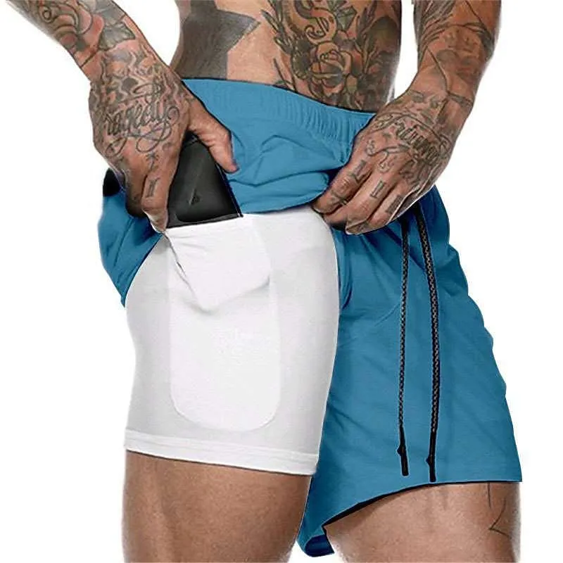 2-in-1 Men's Running Shorts with Color Block Pattern and Storage Pockets