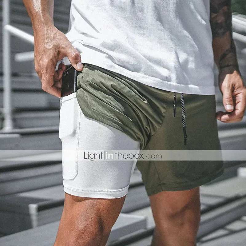 2-in-1 Men's Running Shorts with Color Block Pattern and Storage Pockets