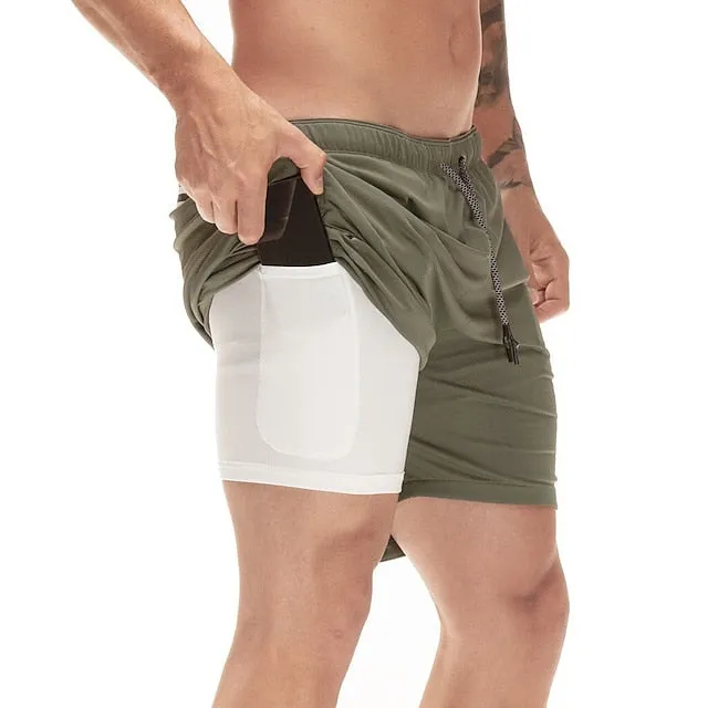 2-in-1 Men's Running Shorts with Color Block Pattern and Storage Pockets