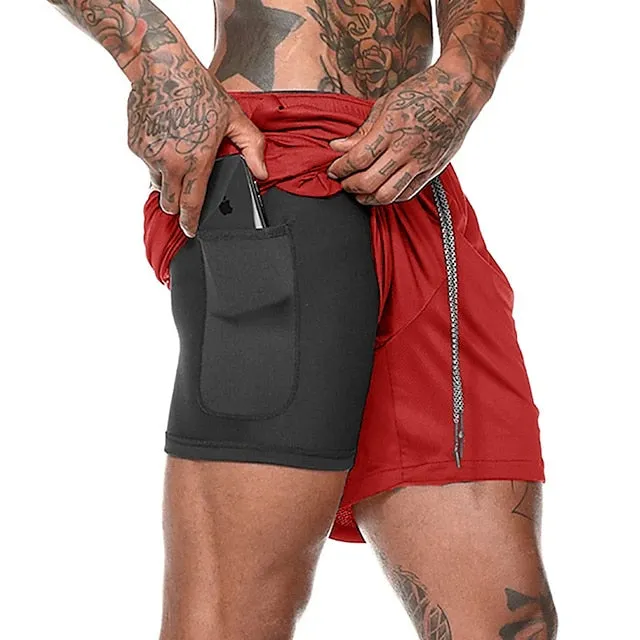 2-in-1 Men's Running Shorts with Color Block Pattern and Storage Pockets