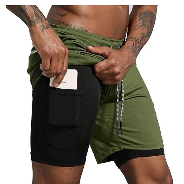 2-in-1 Men's Running Shorts with Color Block Pattern and Storage Pockets
