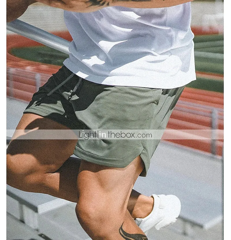 2-in-1 Men's Running Shorts with Color Block Pattern and Storage Pockets