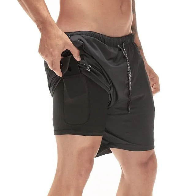 2-in-1 Men's Running Shorts with Color Block Pattern and Storage Pockets