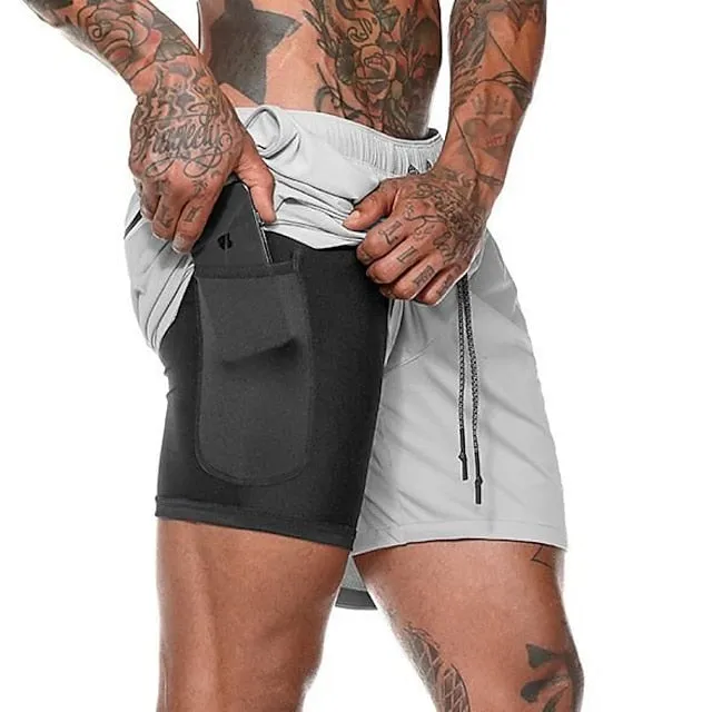 2-in-1 Men's Running Shorts with Color Block Pattern and Storage Pockets