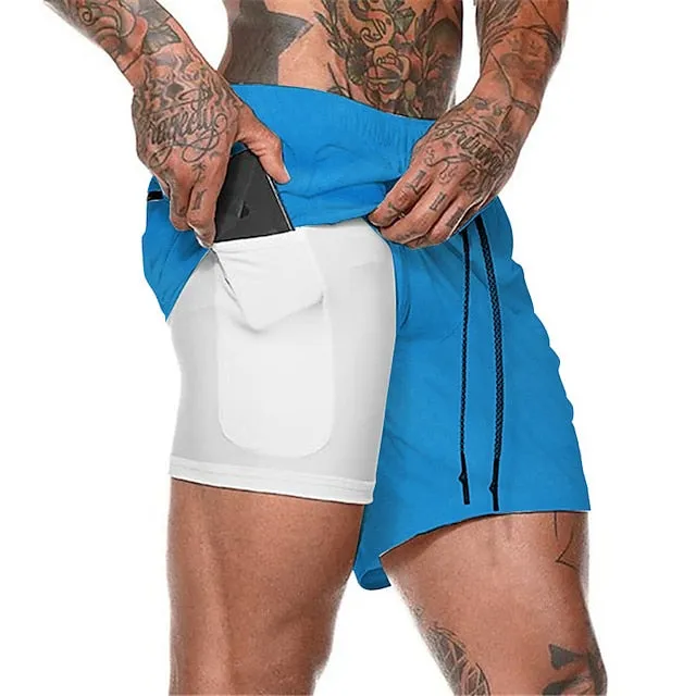 2-in-1 Men's Running Shorts with Color Block Pattern and Storage Pockets