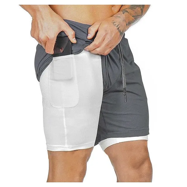 2-in-1 Men's Running Shorts with Color Block Pattern and Storage Pockets