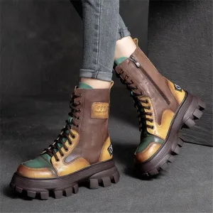 Amozae-Christmas Gift 2024 New Autumn Winter Women's Shoes Martin Boots Mid Calf Boots Vintage Style Platform Mixed Colors Female Cowhide Leather Boots
