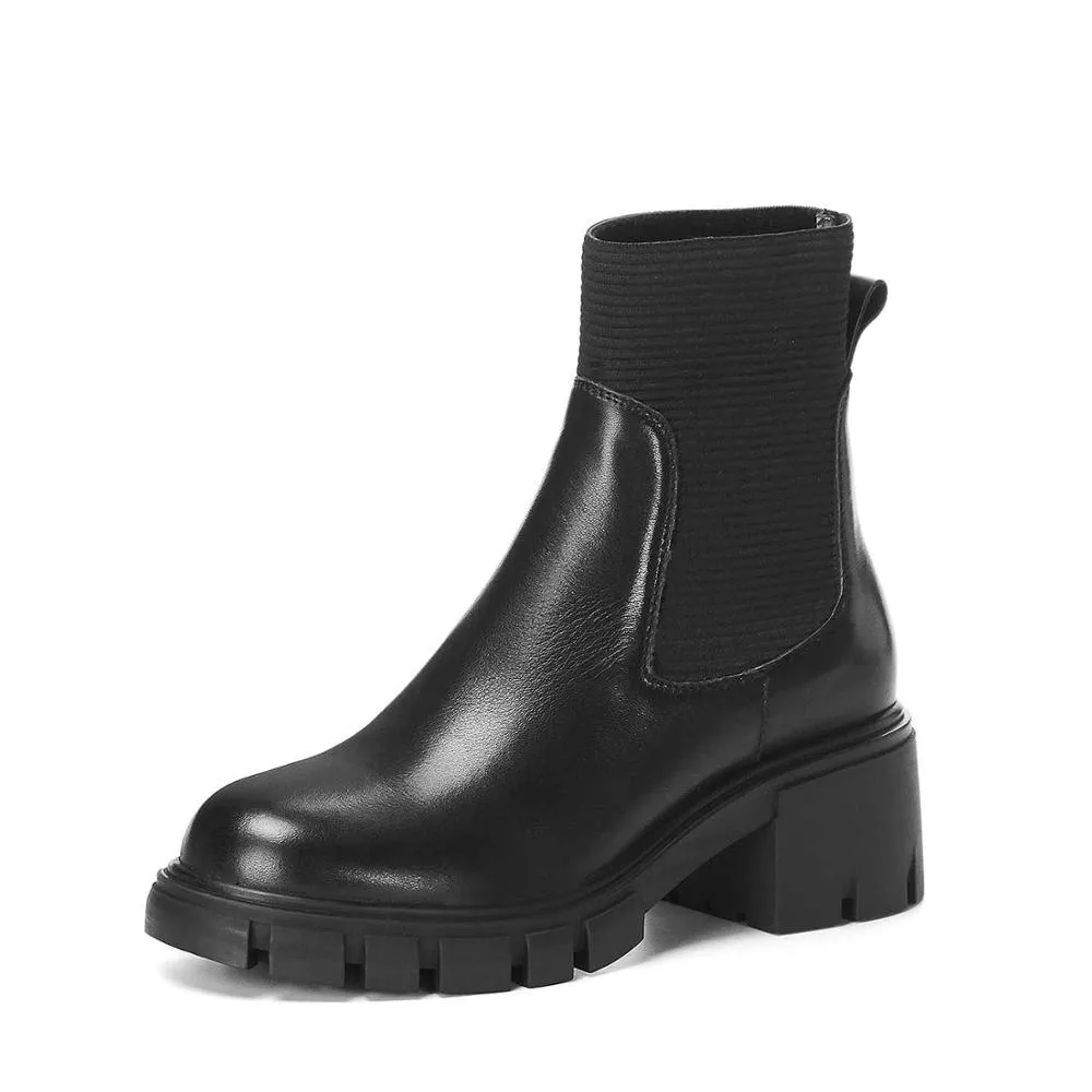 Amozae-krazing pot slip on Chelsea boots genuine leather round toe high heels solid daily wear women winter keep warm ankle boots L18