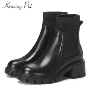 Amozae-krazing pot slip on Chelsea boots genuine leather round toe high heels solid daily wear women winter keep warm ankle boots L18
