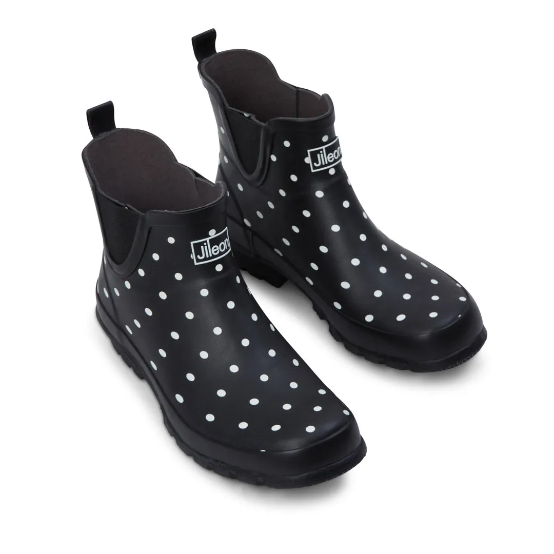 Ankle Wellies - Black and White Spot - Wide Foot - Easy to Slip On