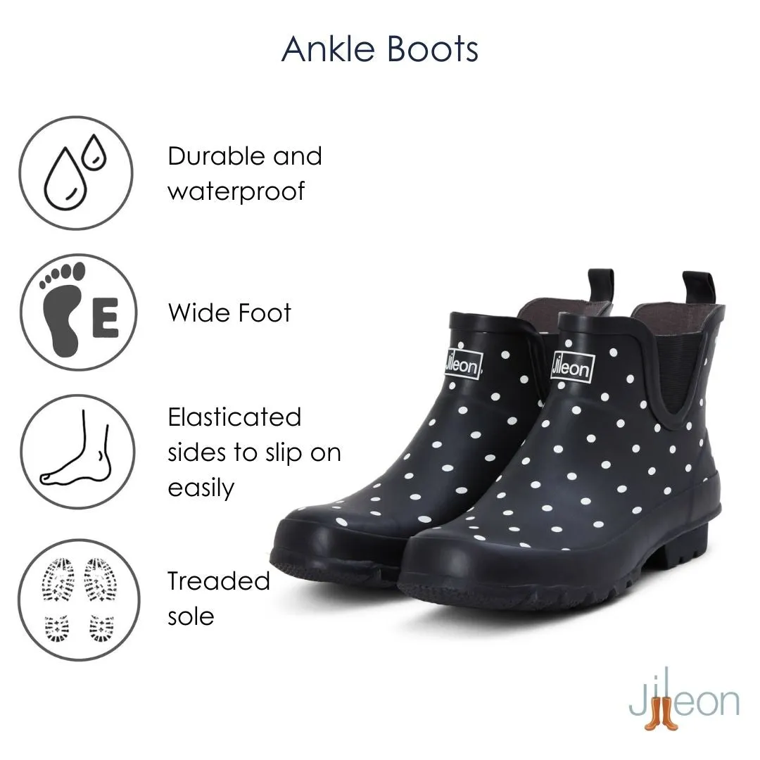 Ankle Wellies - Black and White Spot - Wide Foot - Easy to Slip On