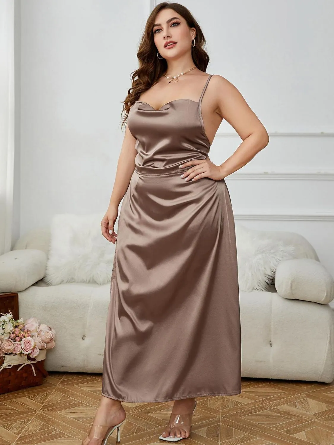 April Rain Plus Size Lace-Up Spaghetti Strap Split Night Dress