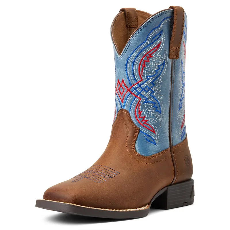 'Ariat' Youth Double Kicker Square Toe -  Distressed Brown / Stone Blue