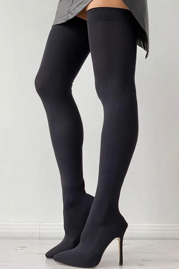 Black Chic Thigh-high Socks Pointed Toe Stiletto Boots