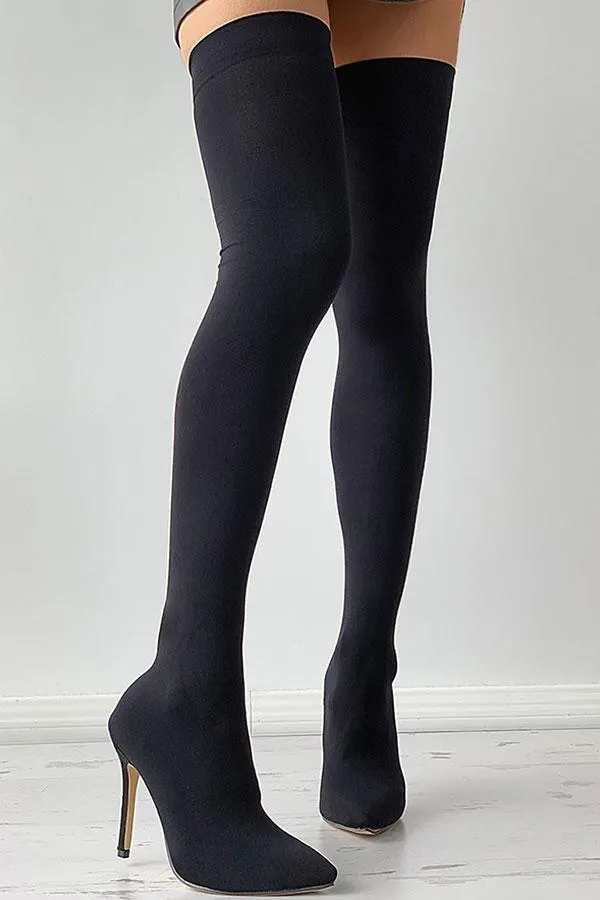 Black Chic Thigh-high Socks Pointed Toe Stiletto Boots