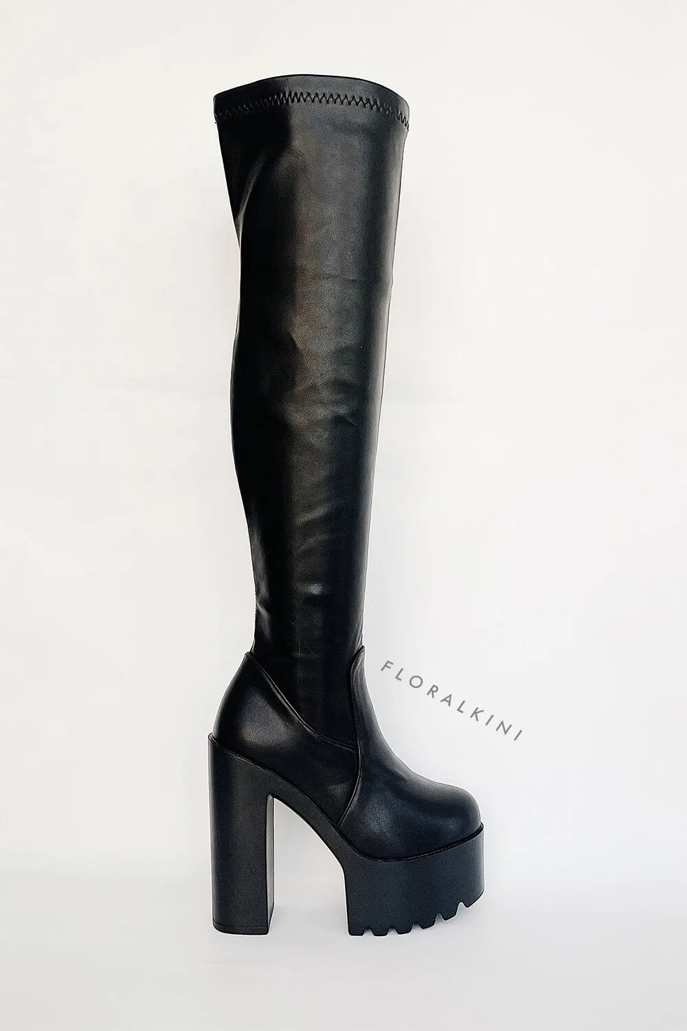 Black Chunky Platform Block Heel Thigh High Boots