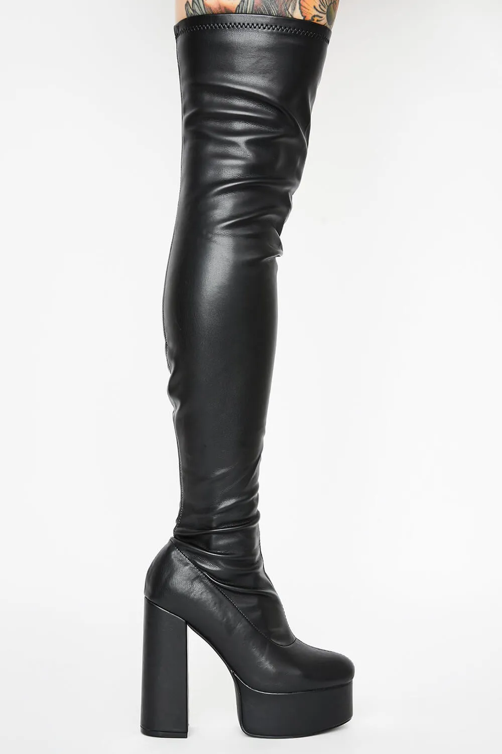 Black Chunky Platform Block Heel Thigh High Boots