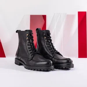 Black Leather Iliara Lace Up Chunky Derby Toe Cap Boots with Zipper and Track Sole - AW24 - Hiking and Trekking Boots