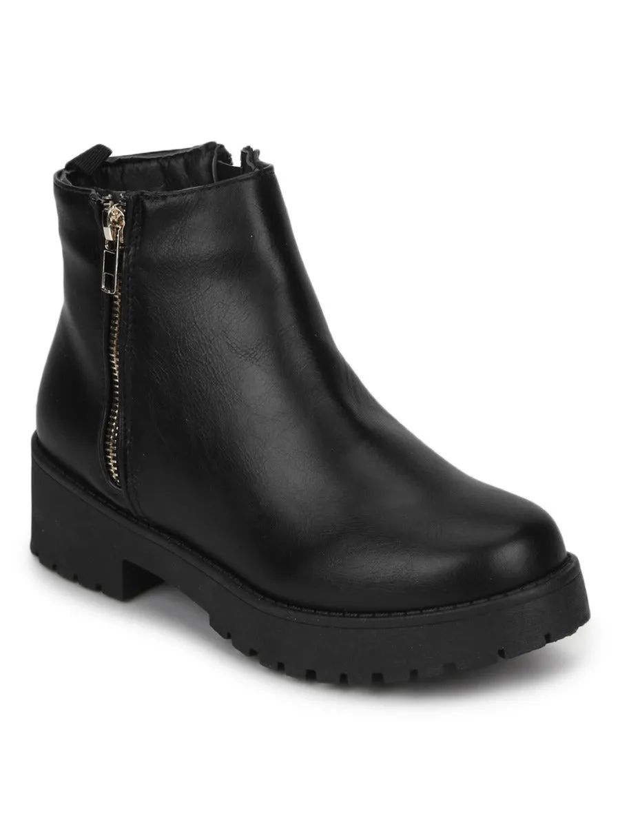 Black PU Gold Zip Low Heel Ankle Boots