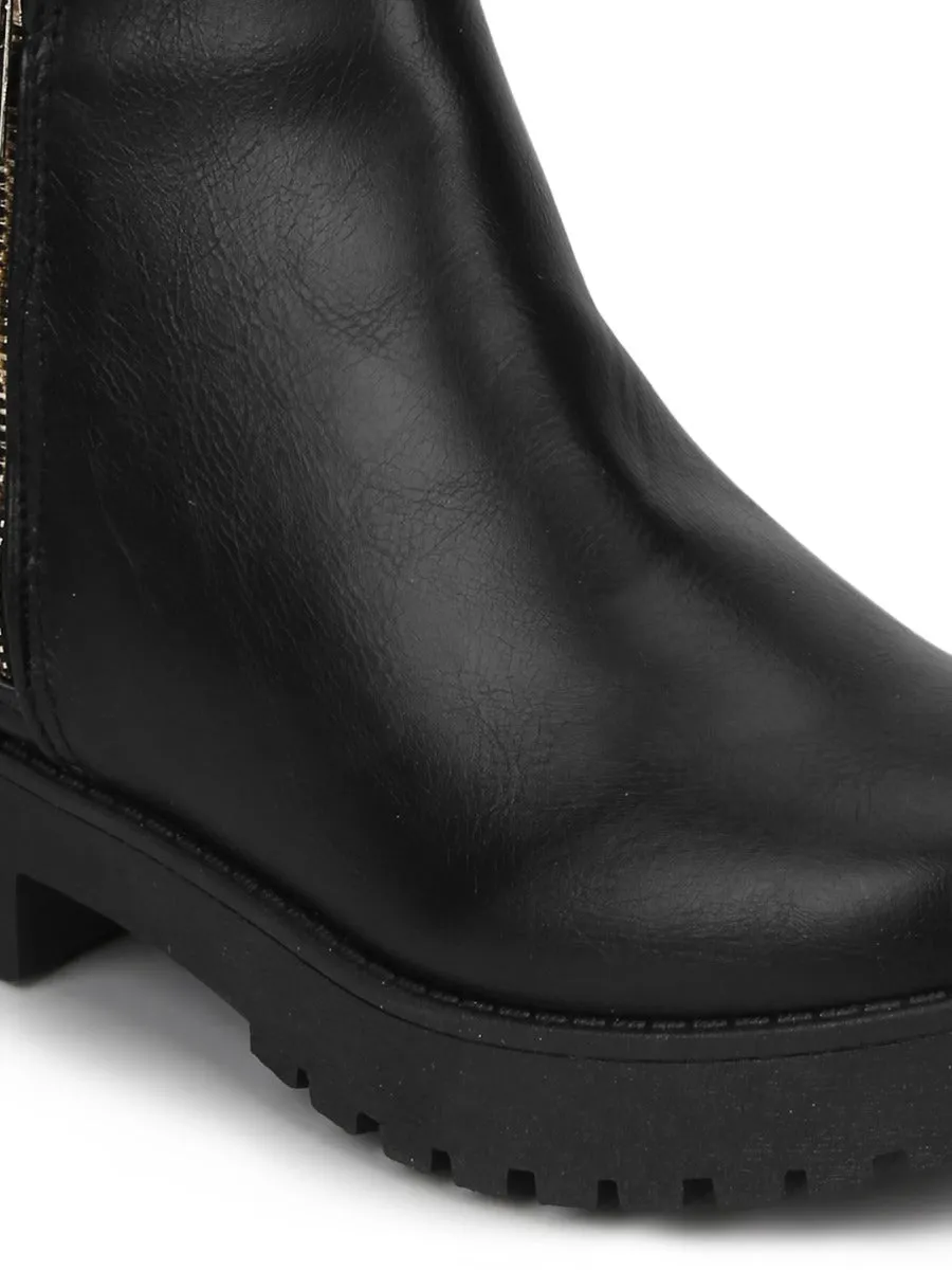 Black PU Gold Zip Low Heel Ankle Boots