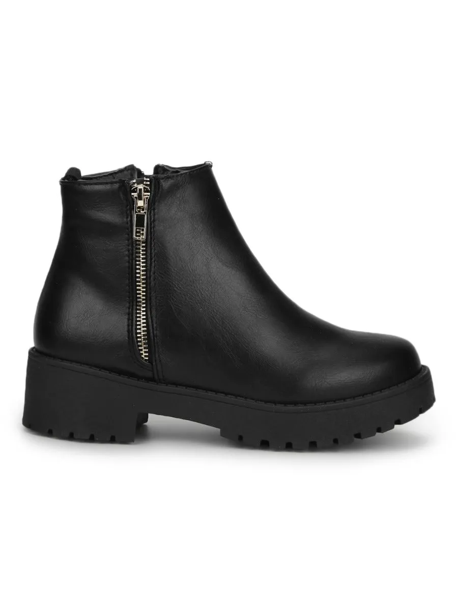 Black PU Gold Zip Low Heel Ankle Boots
