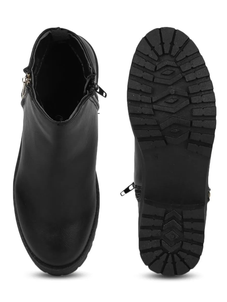 Black PU Gold Zip Low Heel Ankle Boots