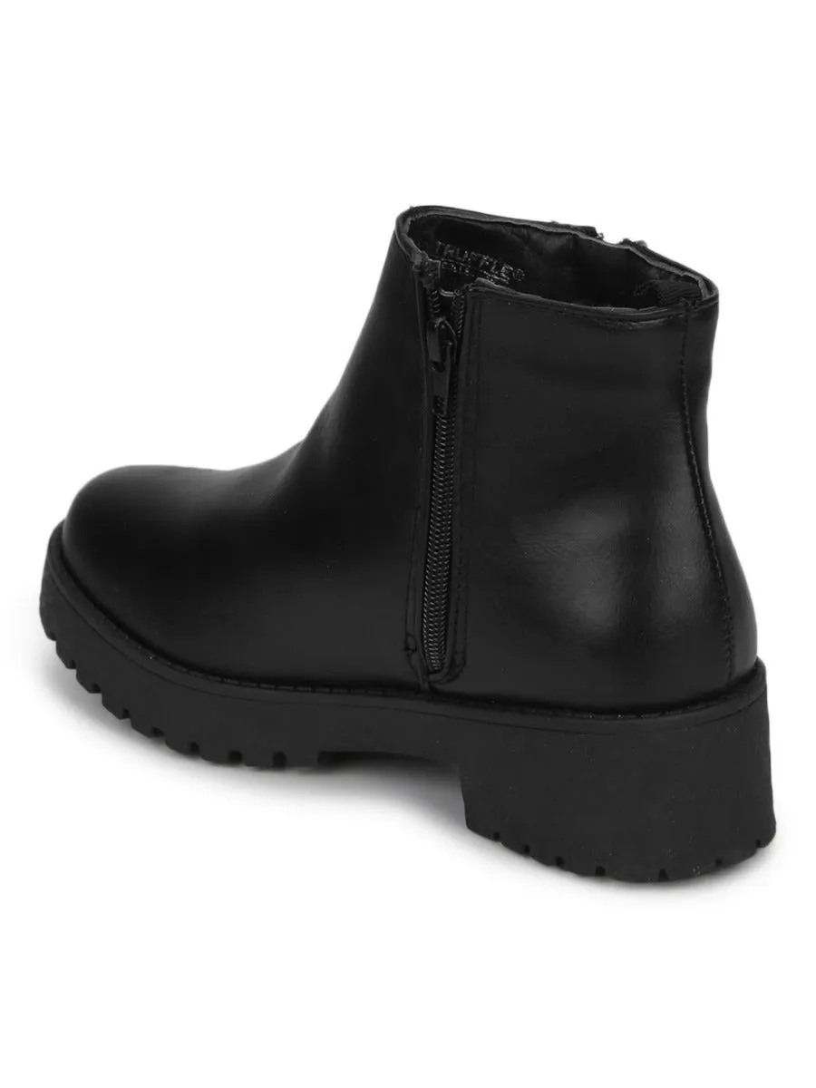 Black PU Gold Zip Low Heel Ankle Boots