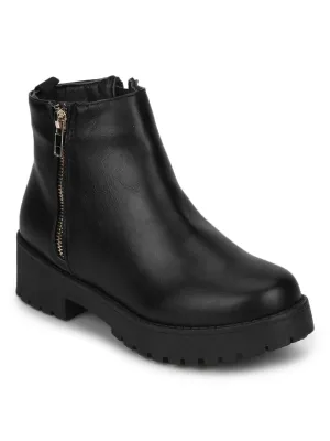 Black PU Gold Zip Low Heel Ankle Boots