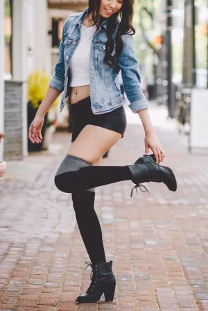 Black with Gray Thigh High Socks