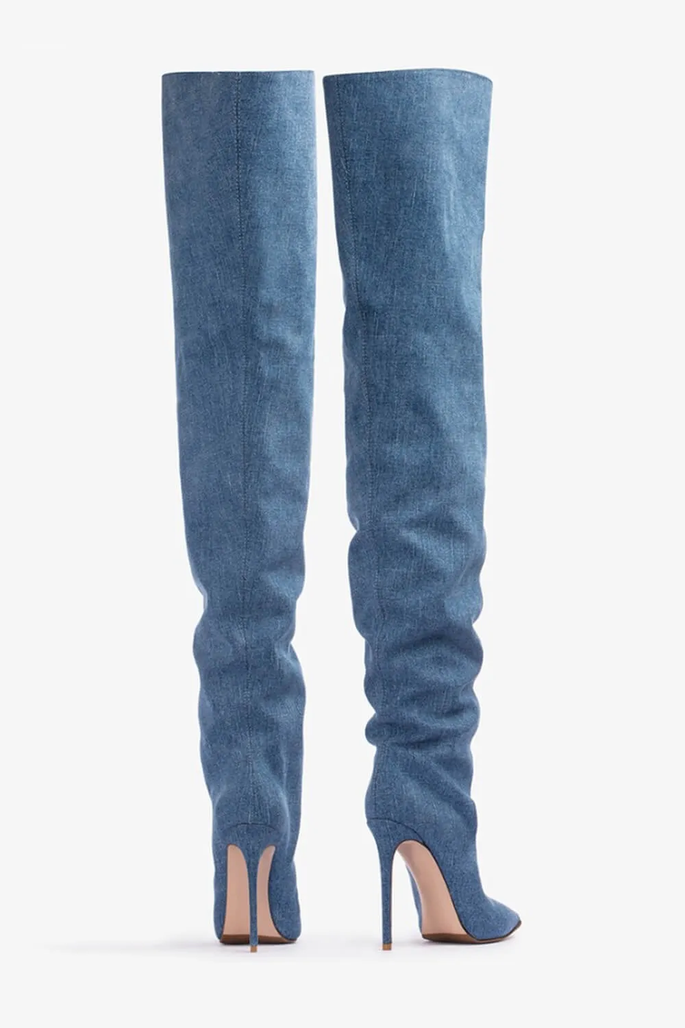 Blue Denim Pointed Toe Thigh High Stiletto Boots