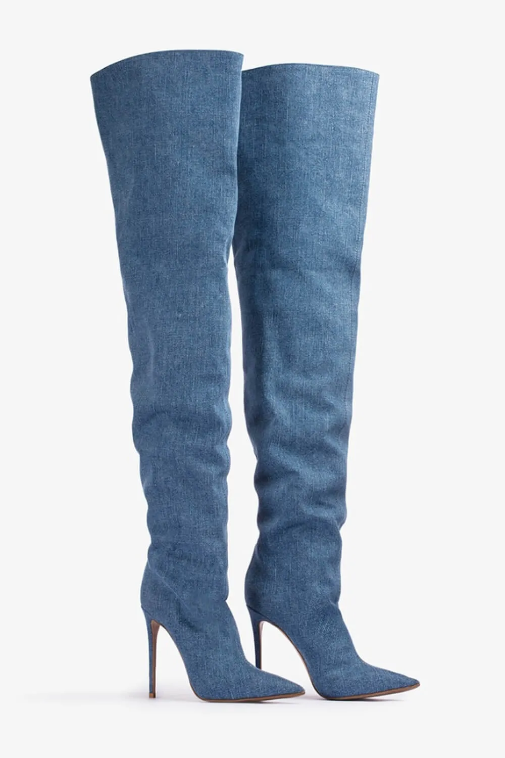 Blue Denim Pointed Toe Thigh High Stiletto Boots