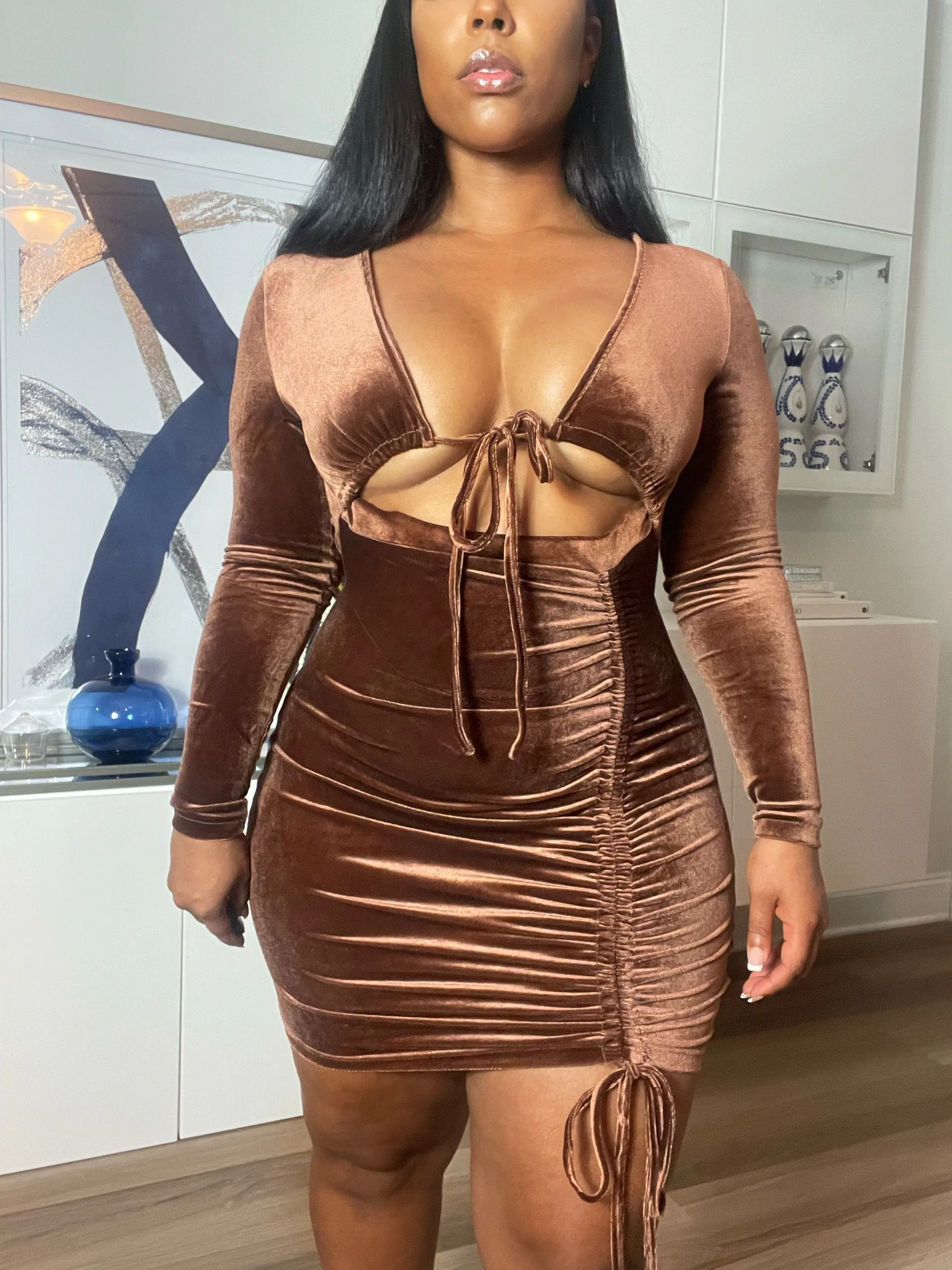 Brown Velvet Ruched Dress